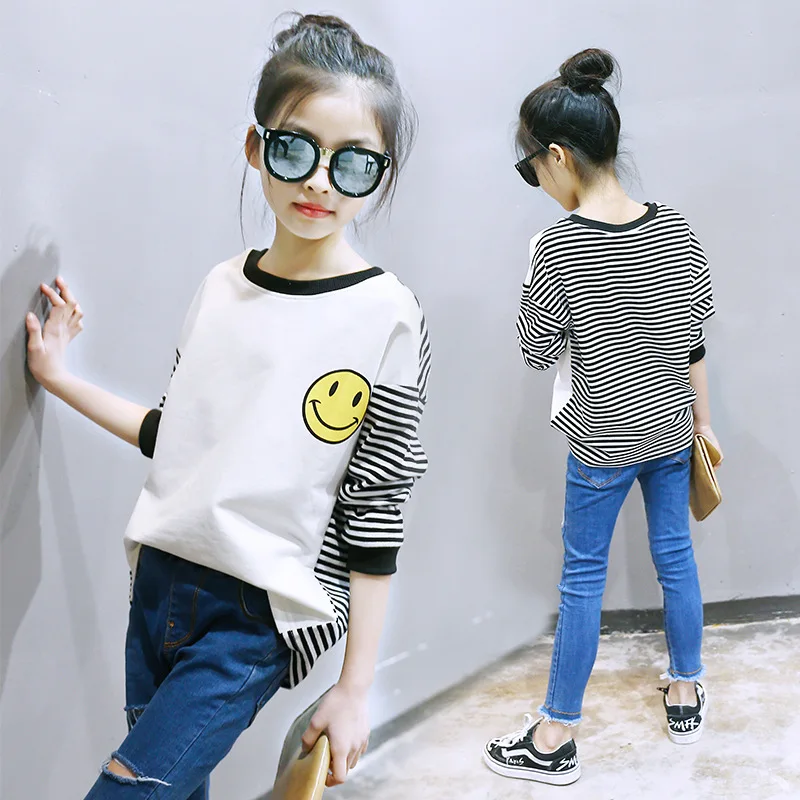 

2023 Korean Spring Autumn Children Girl Tops Long Sleeved Pullover Sweaters Clothes Elementary Girl Tops Printed O-neck Top