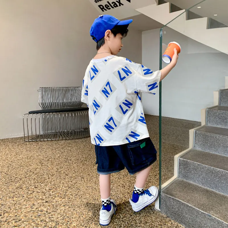 Teen Boys New Letter Clothing Sets Summer Cotton Casual 3 Color T-Shirts And Denim Shorts Cool Two-Pieces Children Outfits Suit