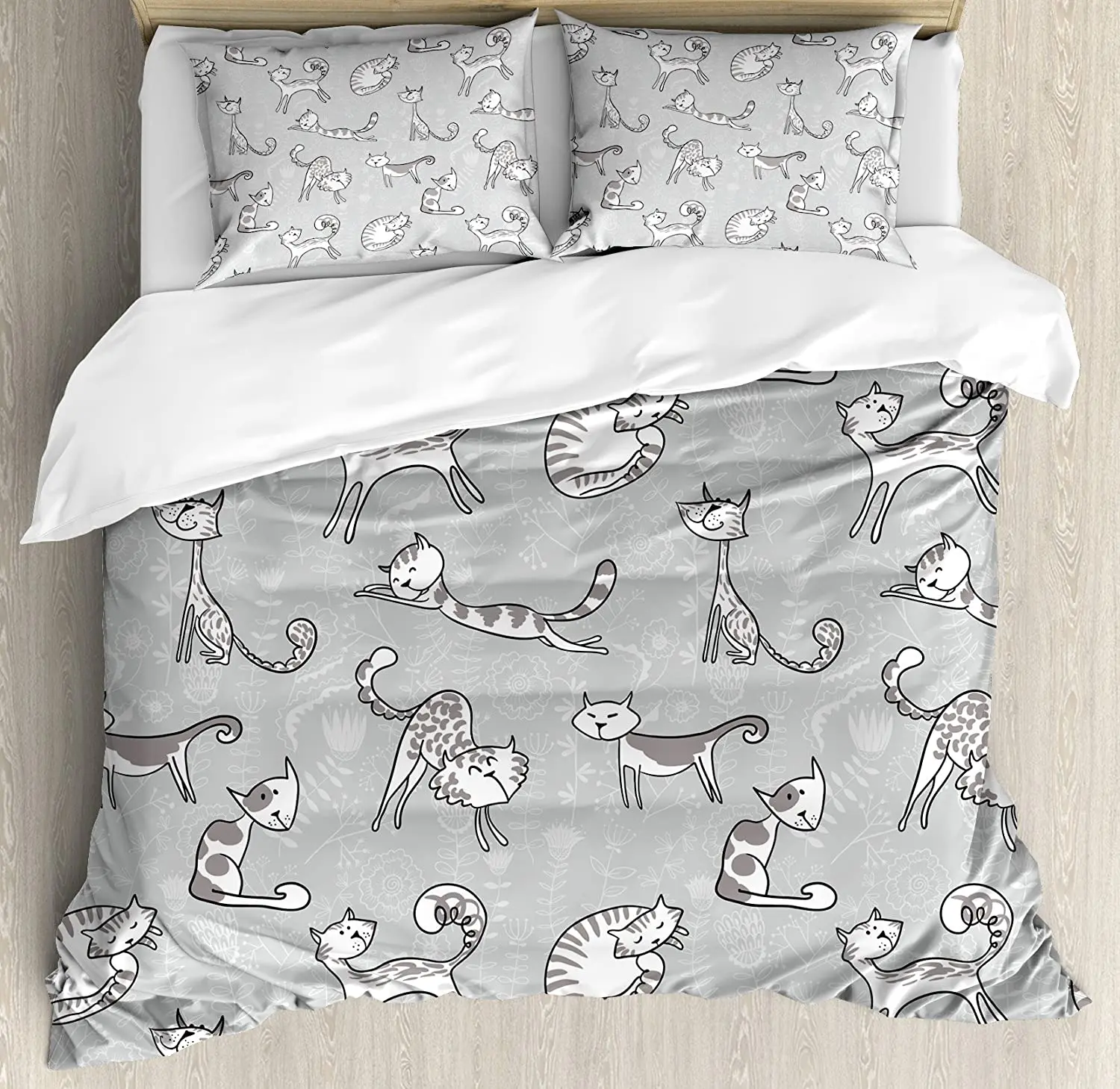 

Grey Bedding Set For Bedroom Bed Home Cute Cats Figures Posing over Floral Background Feli Duvet Cover Quilt Cover Pillowcase