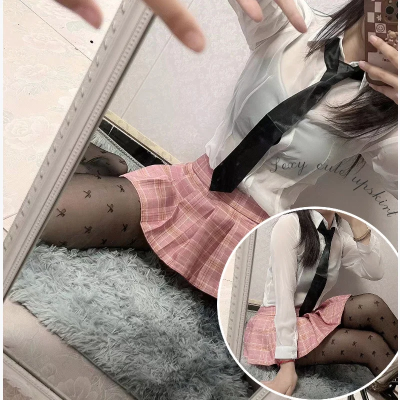 

New Sexy Selfie Erotic Lingerie Student Transparent Shirt Short Skirt Girl Suit Pure Sweet Uniform Temptation