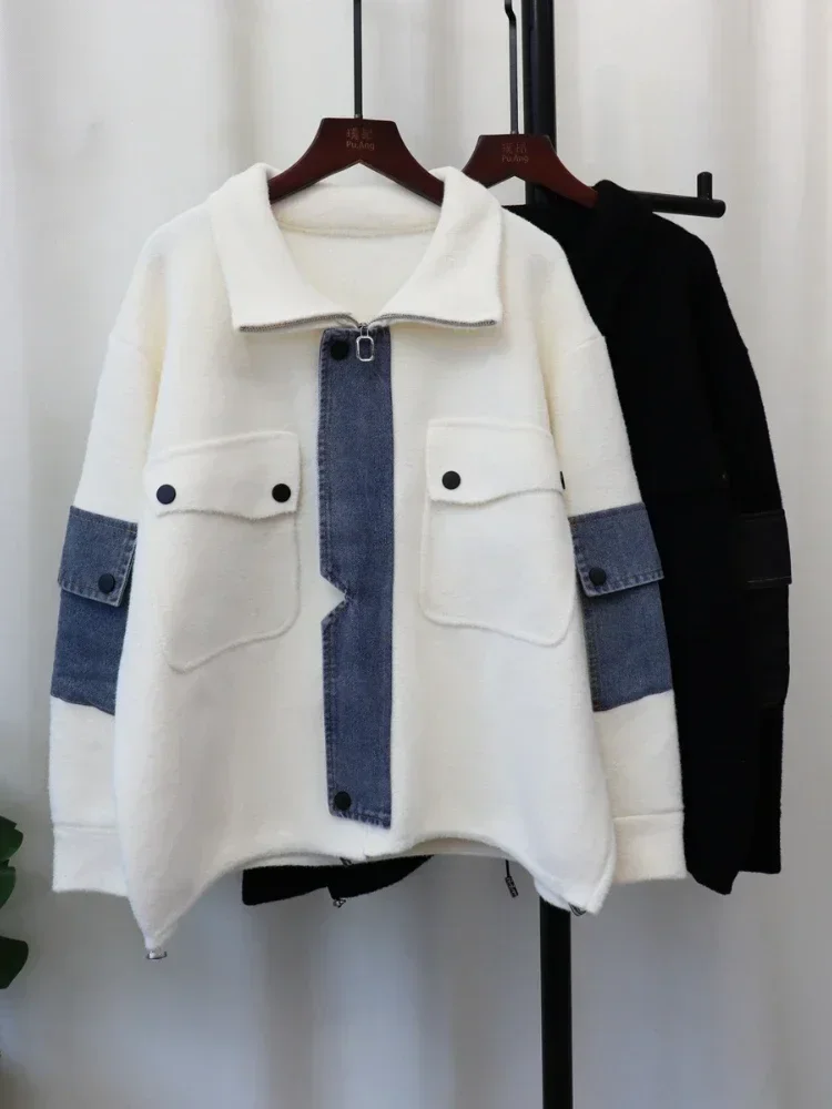 Осень-зима 2024 модный новый вязаный двухсторонний кардиган из денима на молнии