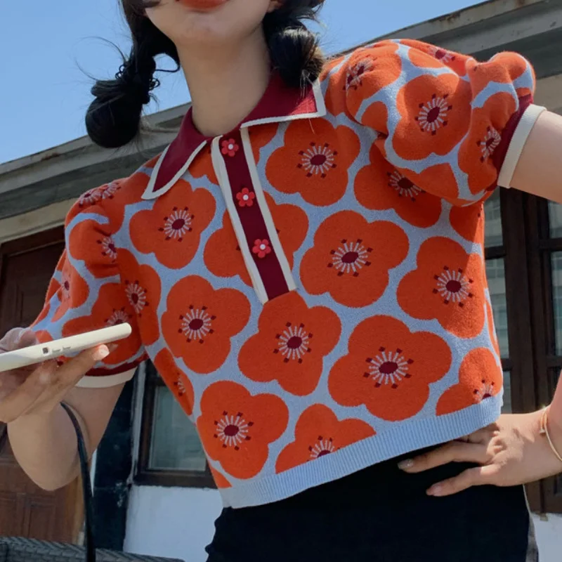 

Women's Thin Design Sense In Summer Temperament Short Slim T-shirts Retro Jacquard Bubble Sleeve Knitwear Short Sleeve Tops Pop