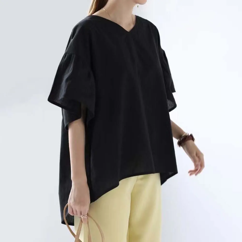 

Blouse Loose Solid Color Shirt V-Neck Ruffled Drop-Shoulder Shirt Ins Short Sleeve Women's Top 2022 Summer Japan Korean