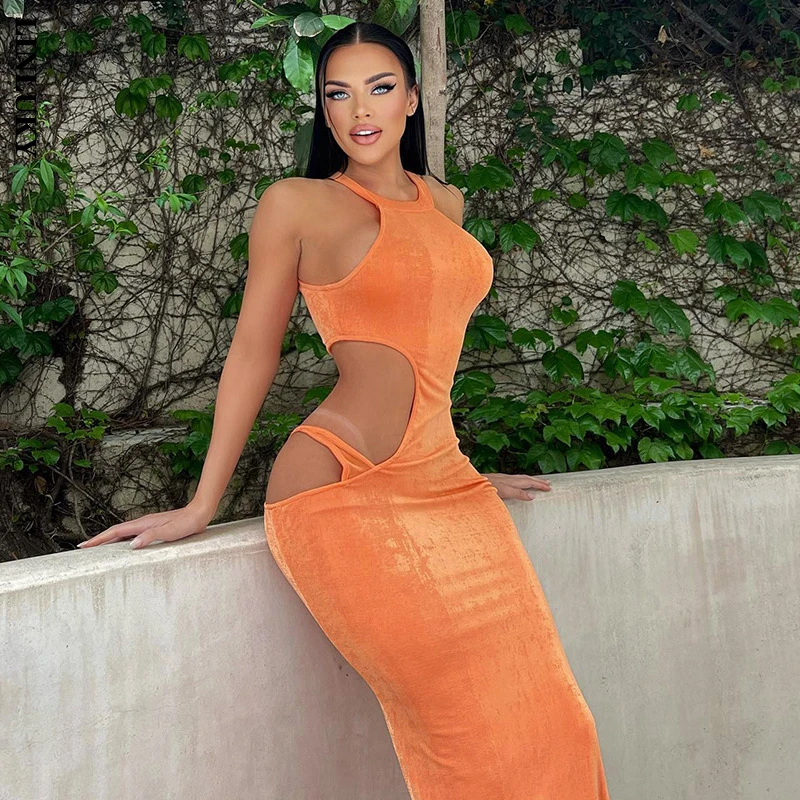

Hollow Sleeveless Slit Dress For Women 2022 Summer New Sexy Temperament Halter Club Party Festival Long Dresses Woman Clothing