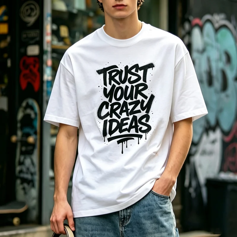 Фото Футболка унисекс из чистого хлопка с принтом-цитатой «Trust Your Crazy Ideas» и надписью, написанной спреем, свободного кроя, молодежная, для активного отдыха, в стиле хип-хоп, повседневная. №2