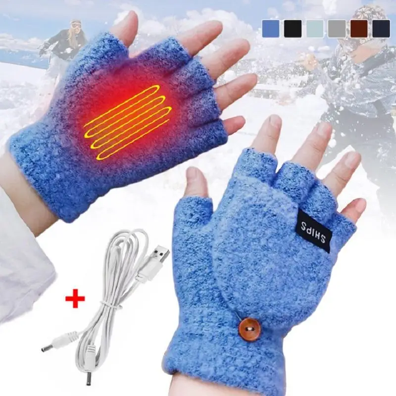 

Adjustable USB Electric Heated Gloves 2-Side Heating Convertible Fingerless Glove Knitted Mittens Heat Waterproof Cycling Skiing