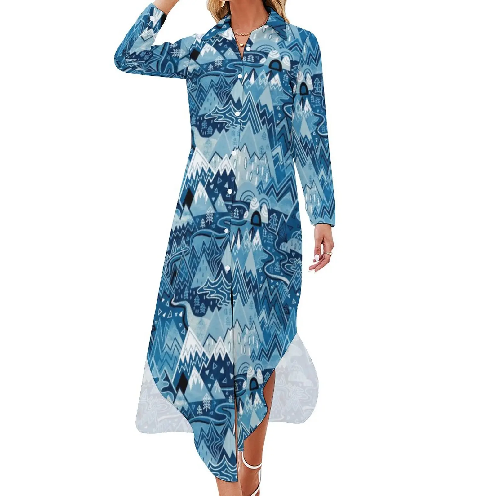 

Женское шифоновое платье с V-образным вырезом, голубое повседневное платье с принтом гор