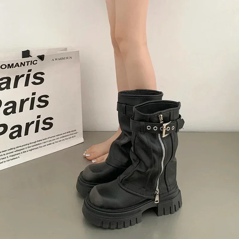 Сапоги женские до середины икры на платформе с боковой молнией рыцарские сапоги