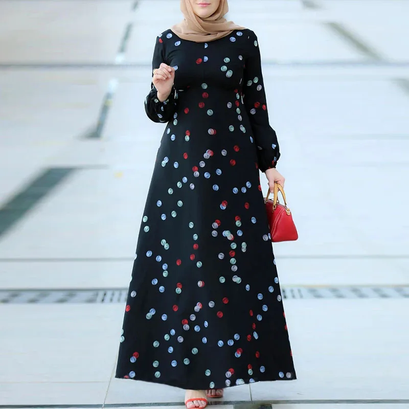 Woman Malaysia Muslim Maxi Dress Printed Long Sleeve O Neck Modest Ramadan Jalabiya Caftan Moroccan Kaftan Arab Islamic Dresses