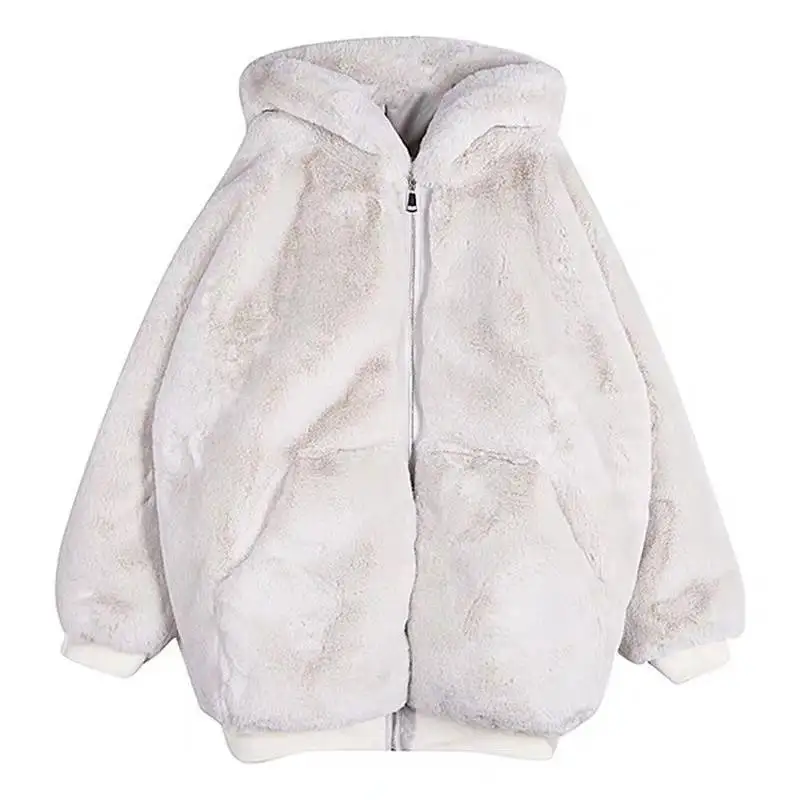 2022 Autumn  Winter Korean Fashion of Faux Fur Coat Women Loose Thick Rabbit Fur Plush Long Coat Hooded Y2k Cute Girl Clothes