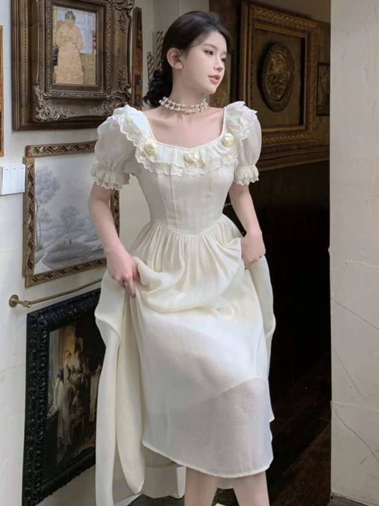 

2023 Summer Elegant Wedding Party Midi Dress For Woman French Vintage Ruffles Birthday Short Sleeve Clothing Female Vestidos