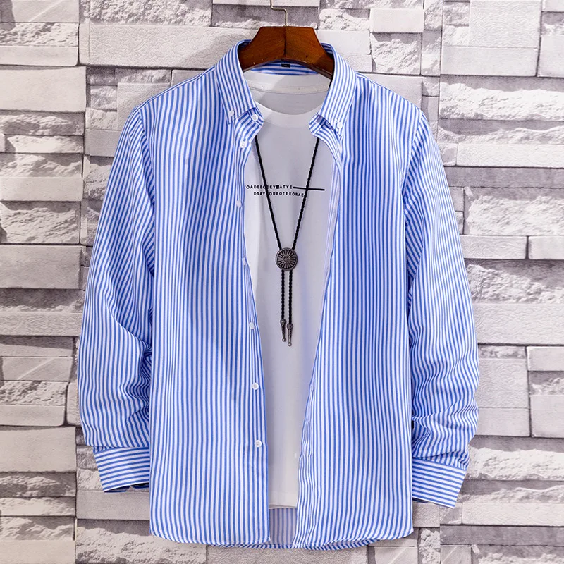 

New Men's Fashion Stripe Print Long Sleeve Thin Summer and Autumn Youth Slim Fit Shirt