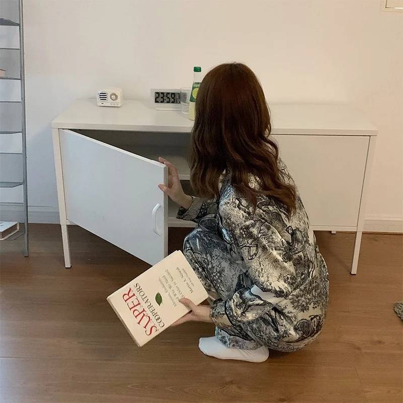 Ice Silk Pajamas Women's Spring Simple Ink Painting Shirts Trousers Two-piece Lapel Cardigan Women's Luxury Casual Home Wear