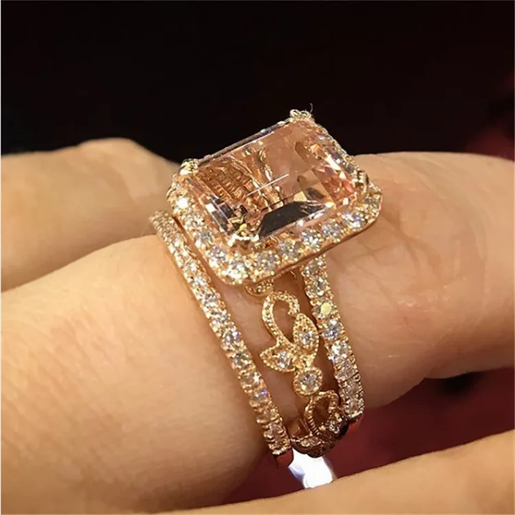 

l New Fashion Big Stone Square Rings Champagne Zircon Ring For Women Bridal Wedding Jewelry Material Accessories