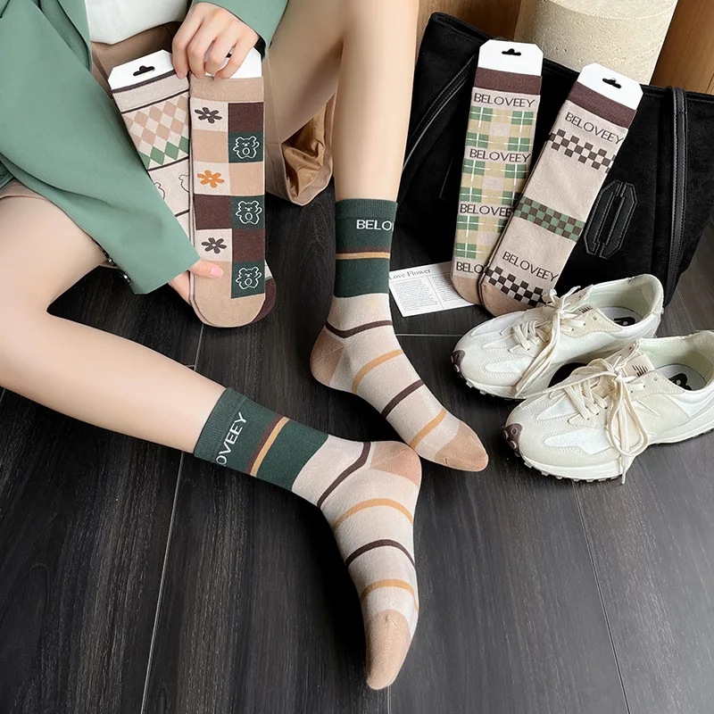 New middle tube cotton socks fashion geometric pattern cute bear plaid ins wind middle tube pile pile straight  socks images - 6