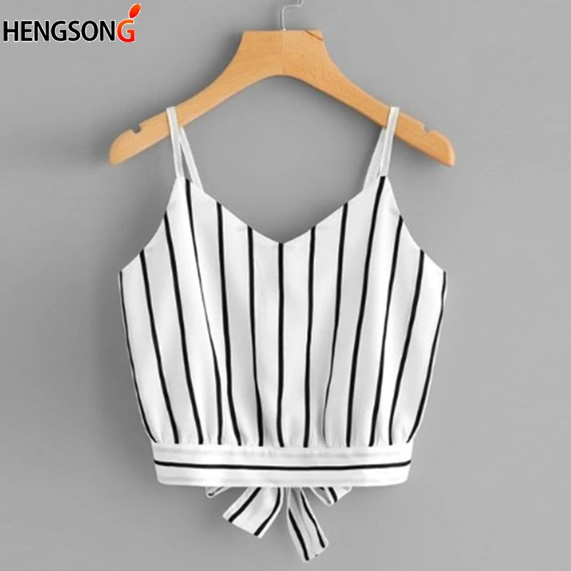 

2023 Summer Knot Striped Split Tie Back Crop Cami Top Women Casual Spaghetti Strap Bow Top Vest Beach Vest Camisole