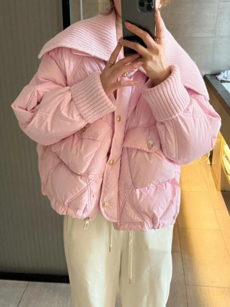 

Cotton Padded White Duck Down Jacket New Winter New Vintage College Knitted Snow Parka Big Collar Loose Candy Color Outwear