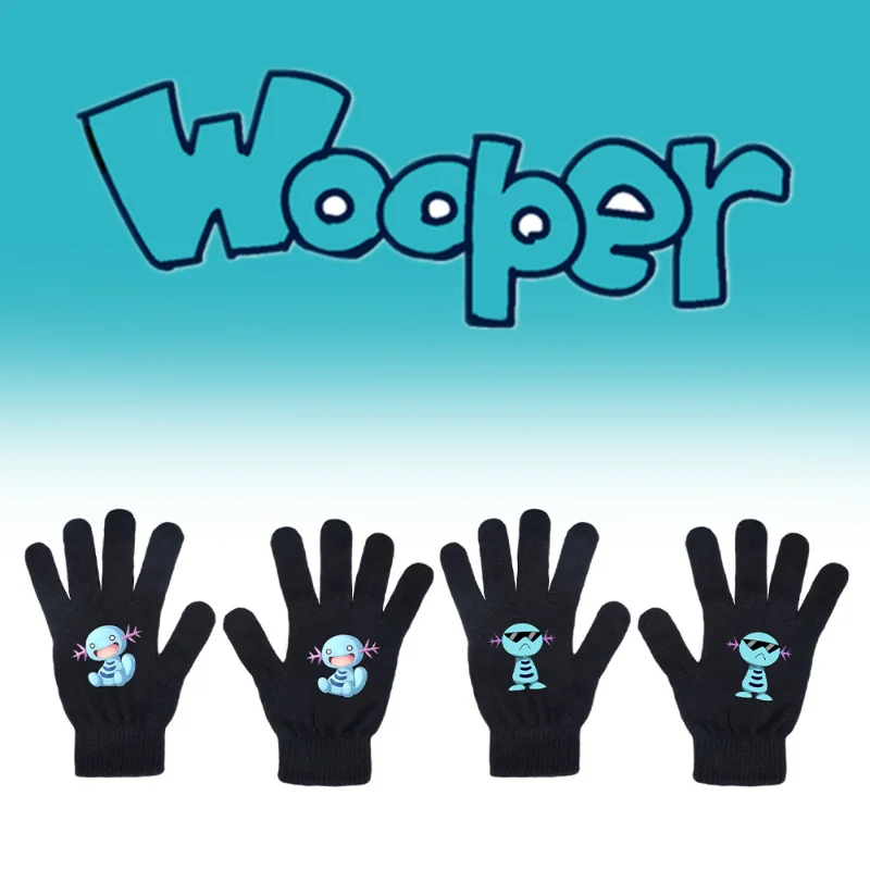 

Anime Black Gloves Woolen Yarn Knitting Man Woman Glove Winter Warm Wooper Printed Full Finger Gloves Cute Girl Gift Accessories