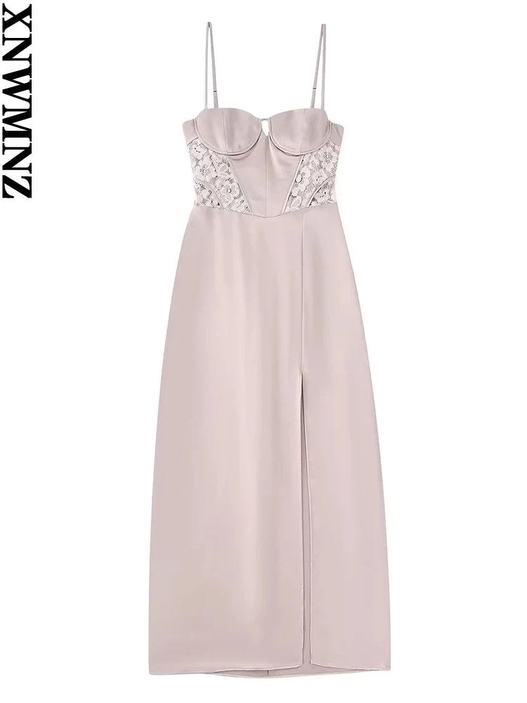 

XNWMNZ 2022 Women Fashion With Lace Front Slit Satin Midi Dress Vintage Backless Zipper Thin Straps Female Dresses
