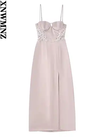 XNWMNZ 2022, женская мода, атласное платье миди с кружевным разрезом спереди, винтажное платье с открытой спиной на молнии и тонкими бретельками, ...