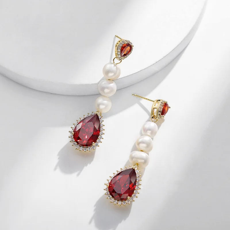 

Stylish Elegant Jewelry Women New Natural Real Pearl Long Earrings Red Zircon Water Drop Dangle Earrings Necklace 2 Pieces Set