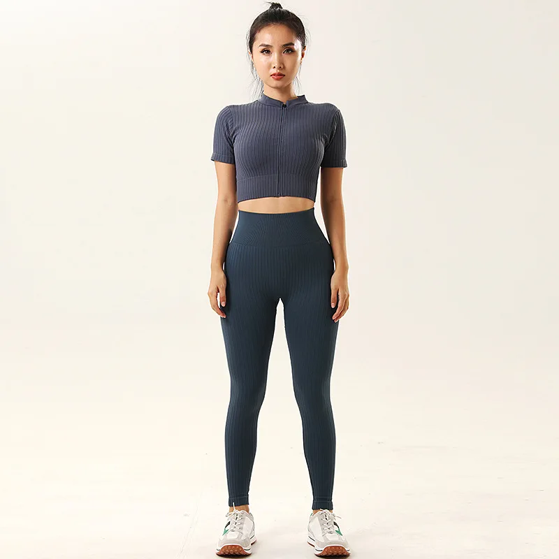 Summer 2022 New Release Women Active Outfit Wear Wholesale Price Ribbed Short Sleeves Crop Top High Waist Legging Set