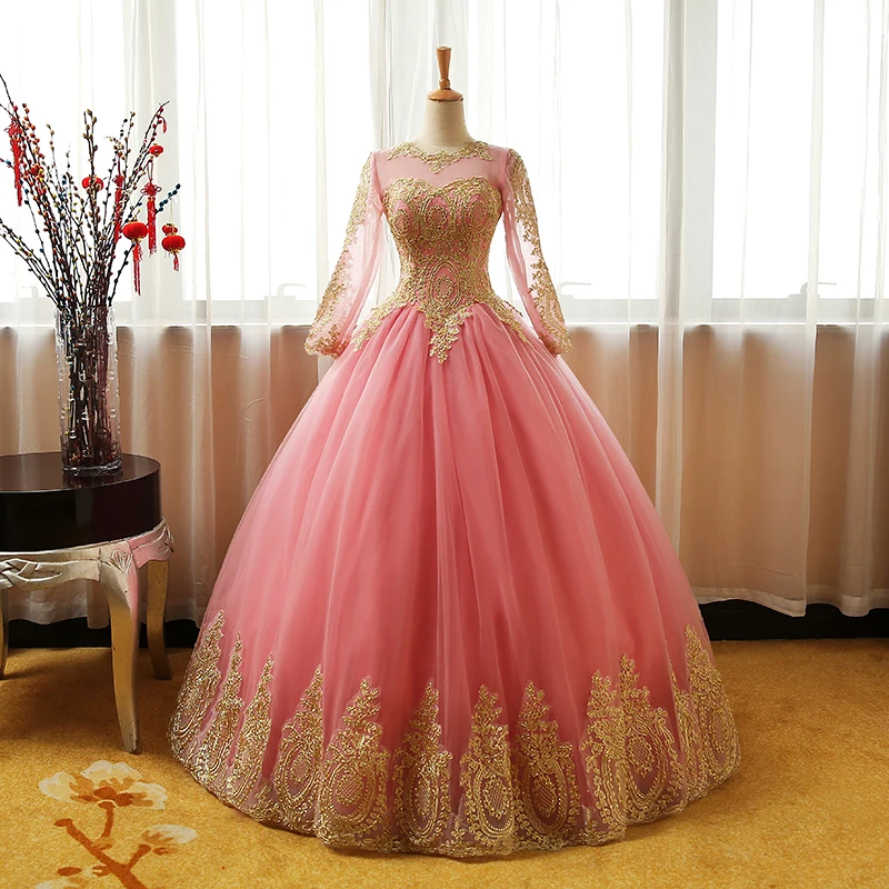 

Sweet Pink Quinceanera Dresses 2023 New Classic Scoop-neck Long Exquisite Prom Dress Candy Color Ball Gowns With Sleeves