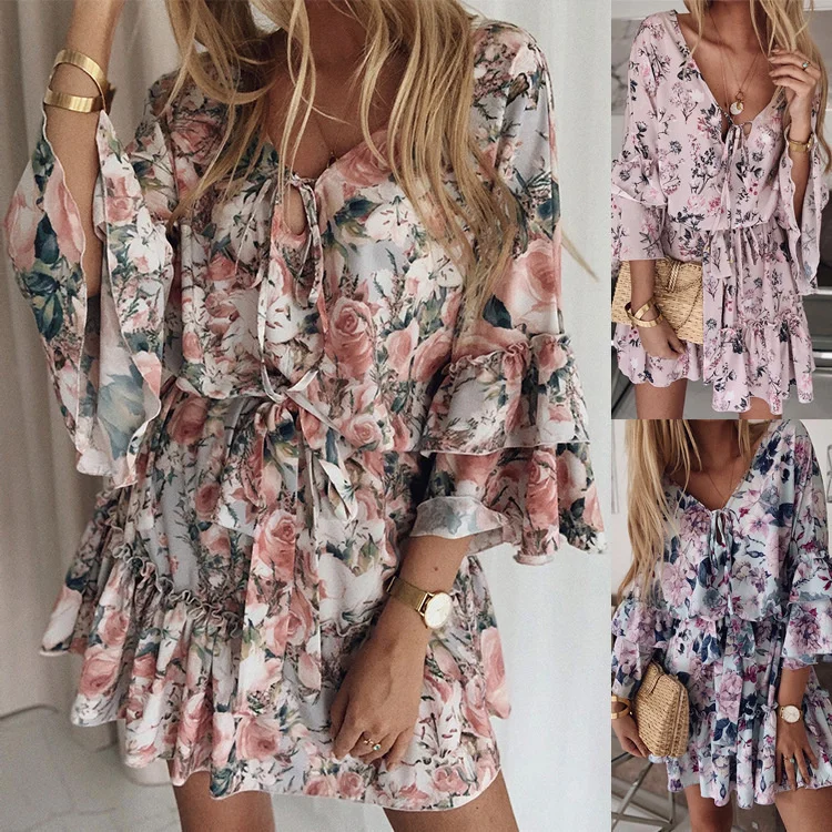 

Casual elegant slim sexy 2023 new dress,Dresses For Woman Caudal Print Mini Dress Loose Ruffles Floral Long Sleeve Female Summe