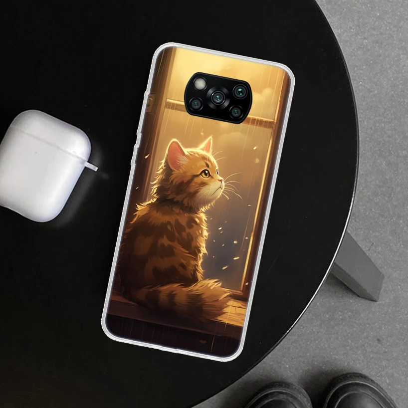 Чехол для телефона с рисунком аниме Кот дождь животные чехол Xiaomi Poco X6 X5 X4 X3 Nfc F6 Pro F5
