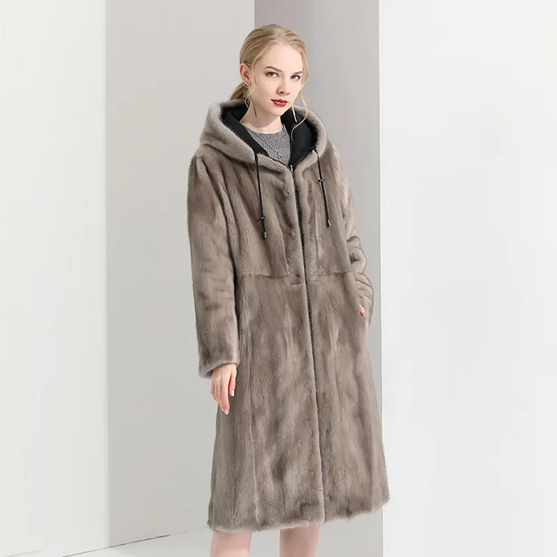 Women's Fur Coat 2223 Trend Natural Fur Long Mink Grey Reversible Outerwear Jackets Trench Coats New Outdoor Clothes Clothing