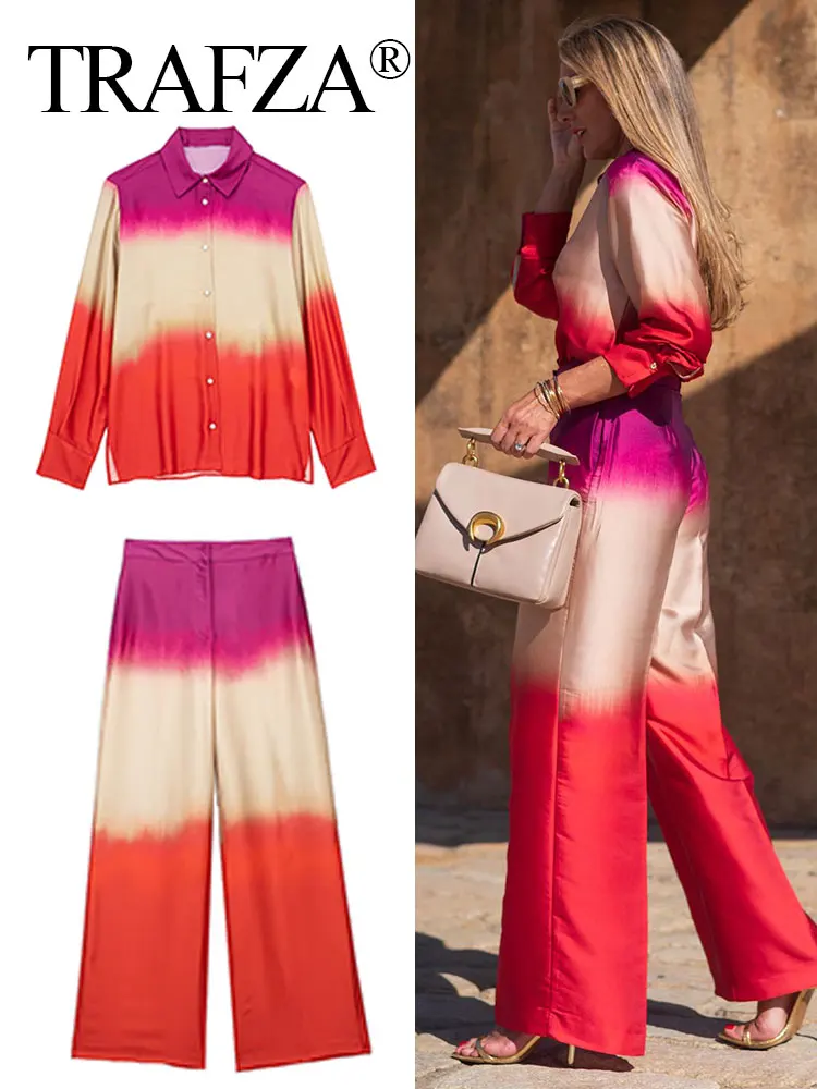 

Женский брючный костюм TRAFZA, блузка на пуговицах с длинным рукавом и свободная блузка с завышенной талией, осенняя уличная одежда