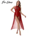 Женское платье без рукавов с лямкой на шее, современное Lyrical танцевальное платье, мягкое прозрачное Сетчатое лоскутное платье для латиноамериканских выступлений