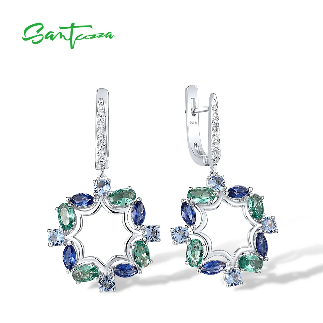 

Женские серебряные сережки SANTUZZA, из серебра 925 пробы с белым кубическим цирконием и зеленым/синим шпинелем, модные ювелирные украшения
