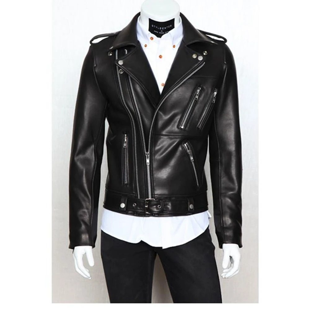 

2022Spring and Autumn High-quality Men's Solid Motorcycle Multi-zipper Lapel Epaulet Zipper Pocket Slim Men's Leather Jacket