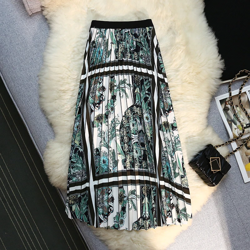 

Luxury Ink Printing Drape Pleated Skirts A Line Vintage Long Midi Skirt Abstract Color Print Faldas Mujer Elegant Ladies Saias