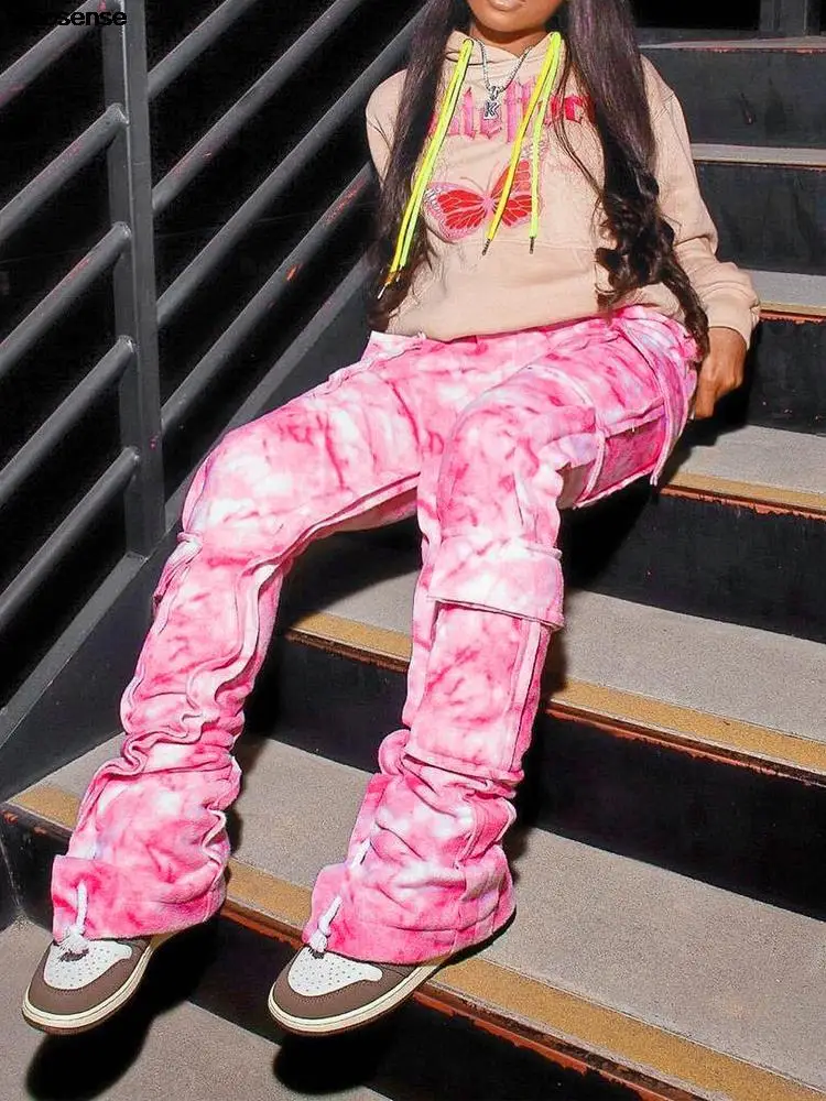 

Брюки-карго женские с принтом, мешковатые прямые широкие штаны с принтом, несколько карманов, уличная одежда, повседневные брюки-бойфренды, Y2K