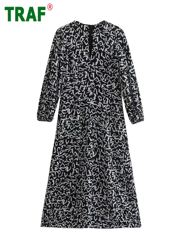 

TRAF Black Print Long Dress Woman Casual Midi Dress Women Long Sleeve Vintage Woman Dresses Summer Holiday Party Female Dress