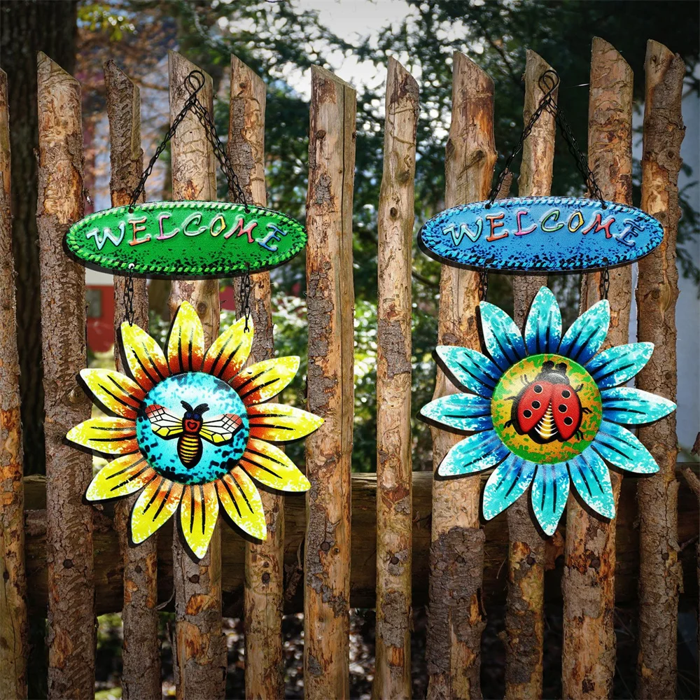 

Flower Wrought Iron Crafts Welcome Sign Metal Wall Ornament For Garden Decoration Figurin Home Accessories Hanging Art Miniature