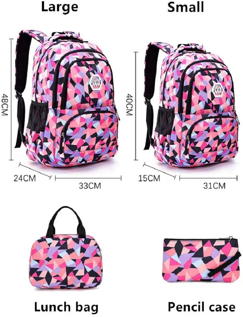 3PCS Geometric Prints Primary School Student Satchel Backpack Elementary Boys Book Bag School Rucksack for Kids with Lunch Bag P