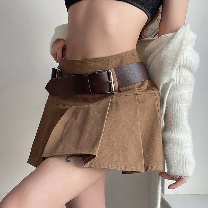 

Sexy Streetwear Fairycore Gift Belt Faldas Brown Pleated Skirts Y2k Women High Waist Emo Mini Skirt Metal Design Line Clubwear