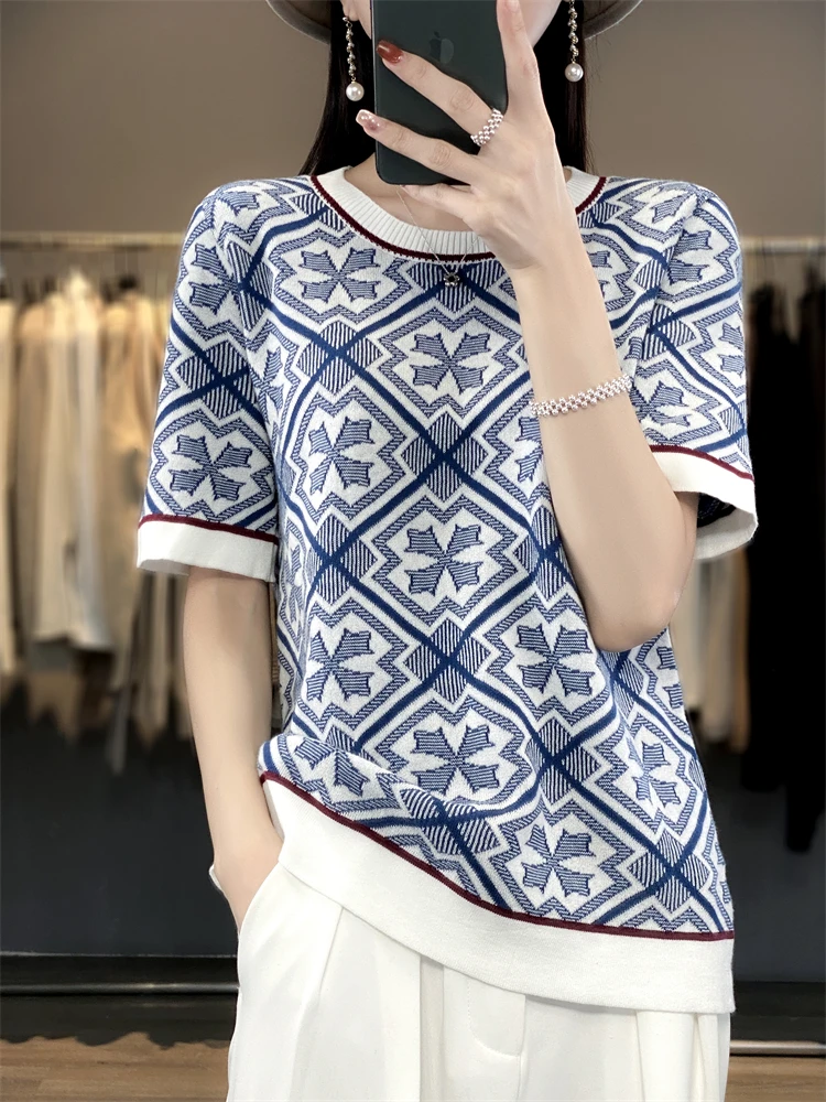 

Women's Jacquard Knitted T Shirt Summer 100% Cotton Short Sleeve O Neck Pullover Tops Korean Loose Casual Tshirt Femme 2023