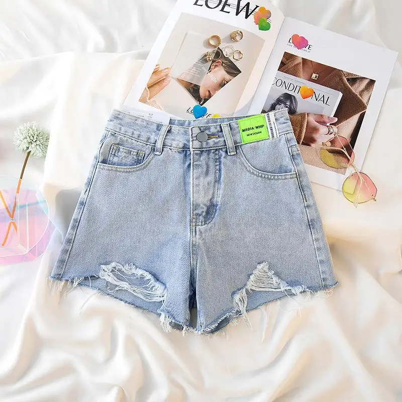 Biker Black Perforated Denim Shorts Women's Clothes Summer 2023 New High Waist Slim Large Size Wide Leg Pants Jeans Shorts AC274