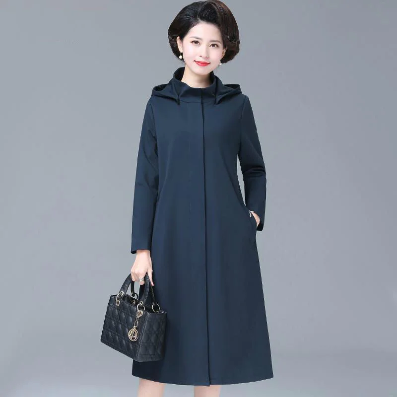 

Middle-Aged And Elderly Elegant Long Windbreaker Spring Autumn Women's Simple Loose Hooded Female Trench Coat Jaqueta Feminina
