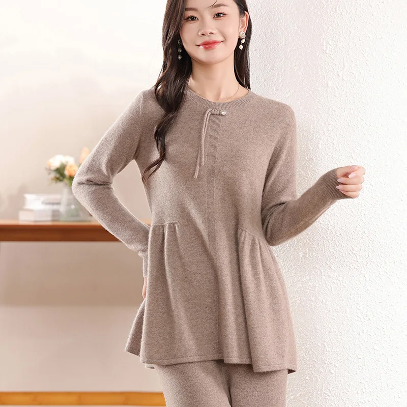 Осенне-зимний женский пуловер из чистой шерсти в китайском стиле с круглым