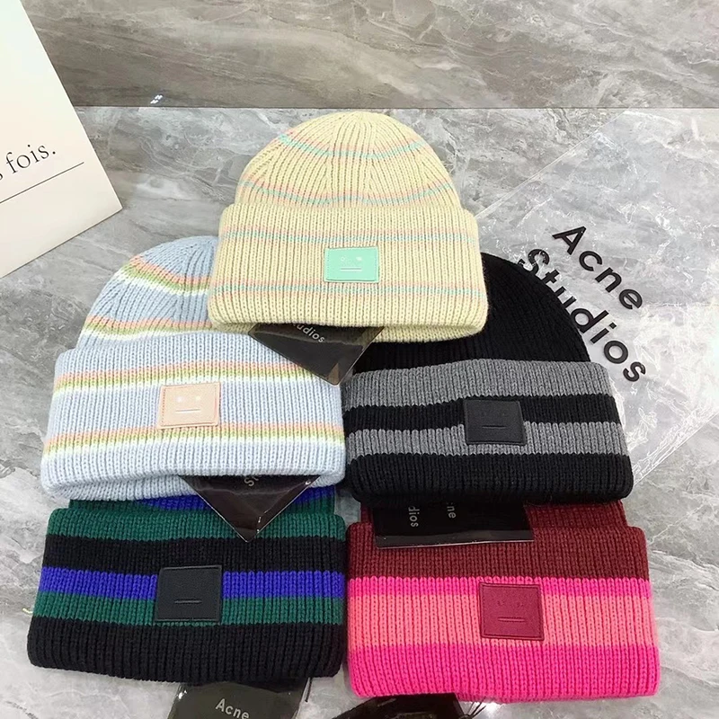 

Новинка, мужские и женские зимние шапки Ac Studios, облегающая шапка в полоску с лицом, подходящая к улыбке шапка, уличная одежда, черные и синие теплые облегающие шапки