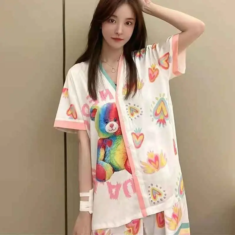 

Summer women's long-sleeved elegant luxury shorts home two-piece set of ice and snow silk 99%