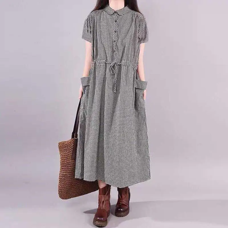 

Fashion Women Lapel Neck Striped Dress Short Sleeve Buttons Maxi Long Dress Elegant Shirt Vestidos Femme Sundress Female Dress