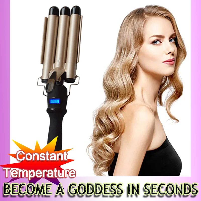 Three Barrel Curling Iron Wand with LCD Temperature Display - 1 Inch Ceramic Tourmaline Triple Barrels, Dual Voltage Crimp