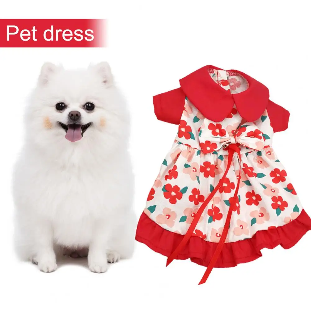 

Sweet Chihuahua Dog Dress With Hairclip Red Doll Collar Floral Print Ruffled Hem Summer Bowknot Wedding Dress Leash Tutu Strap