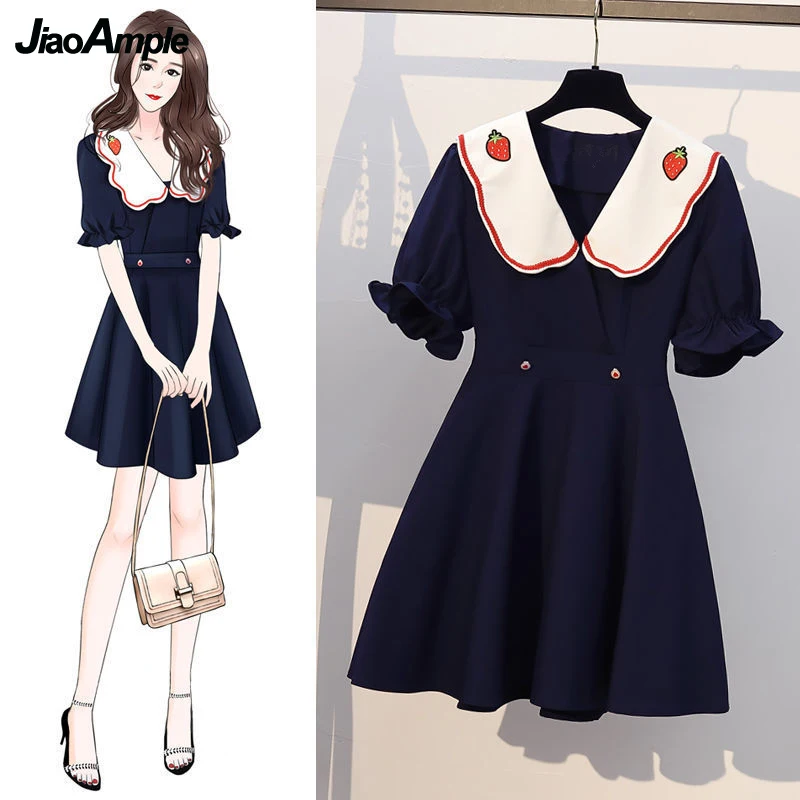 

Женское студенческое мини-платье в стиле преппи с клубничным принтом, платье Summet 2022, женские платья с вышивкой и воротником «Питер Пэн», Кор...